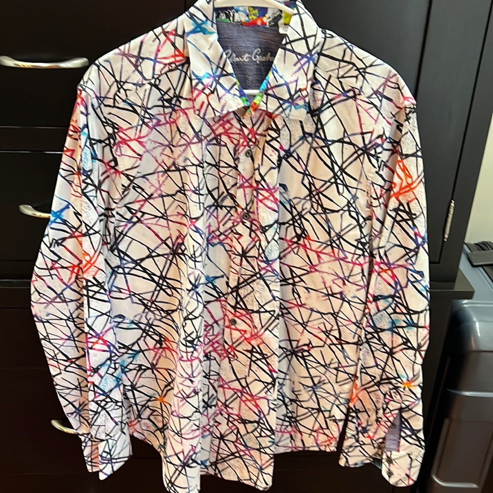Robert Graham 2XL mens long sleeve shirt collar/ cuff detail. White multi color